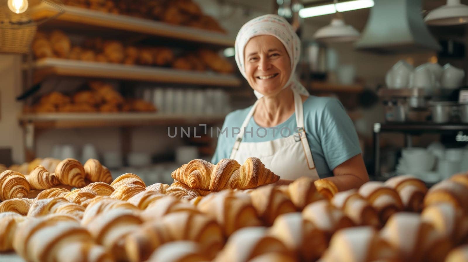 A woman smiling while holding a tray of pastries in front of her, AI by starush