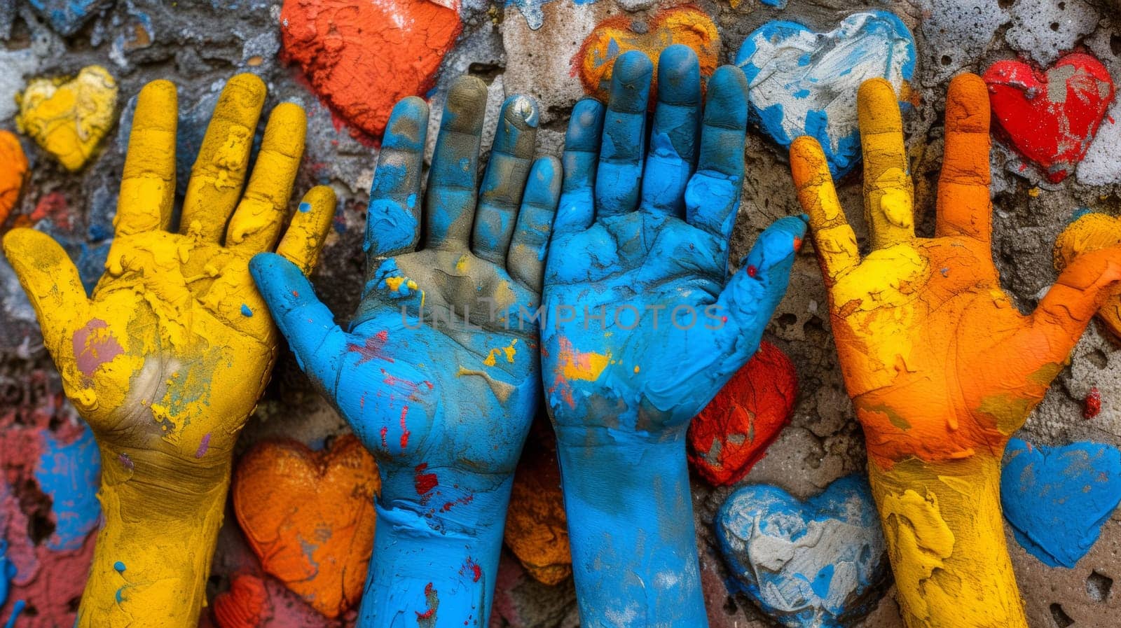 A group of hands painted with different colors are touching each other, AI by starush