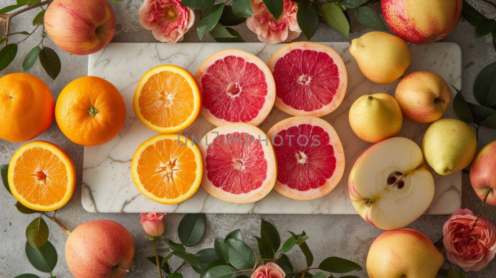 A bunch of oranges and grapefruits are on a cutting board