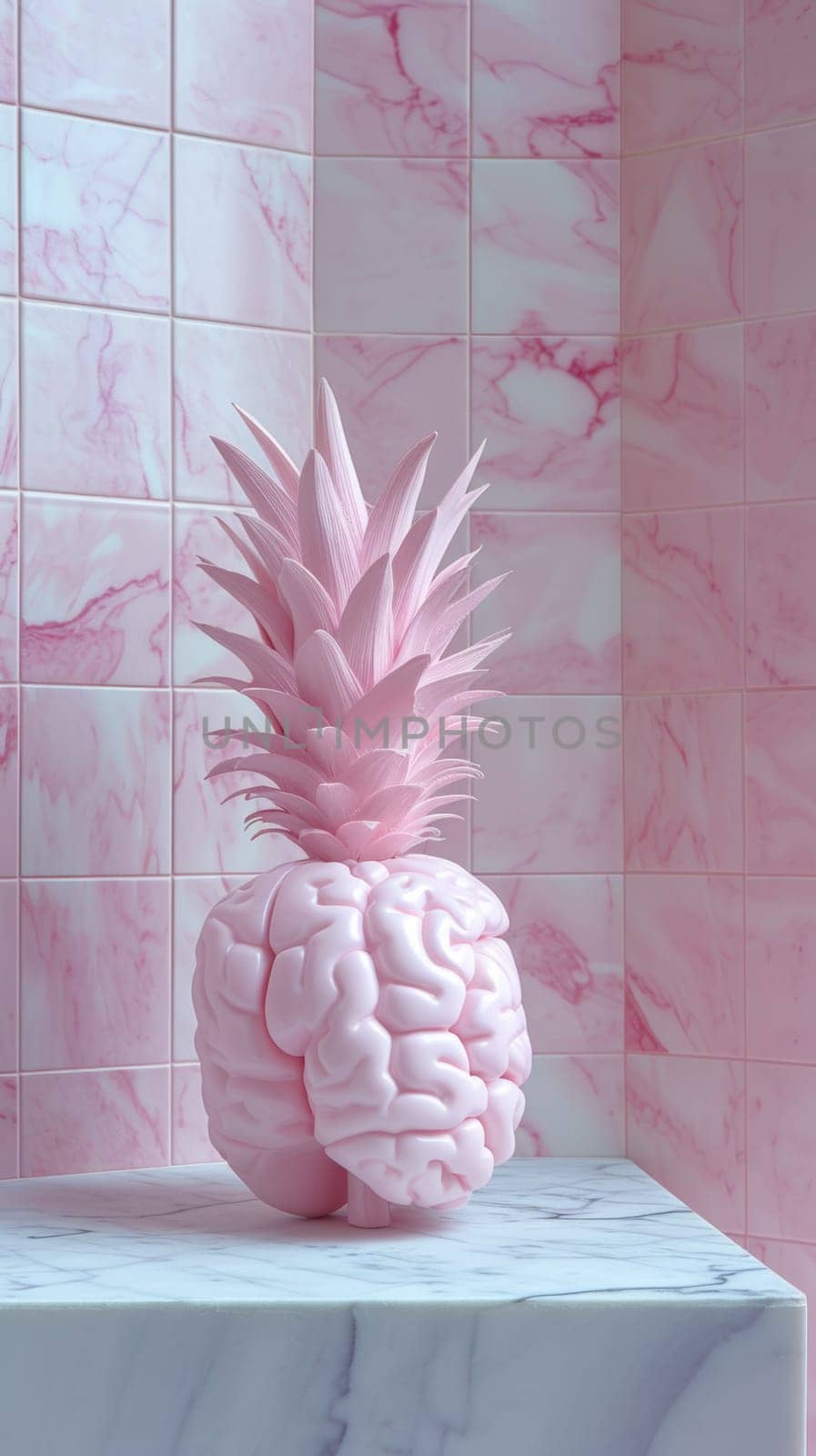 A pink pineapple with a brain on top of it sitting in front of some tiled walls