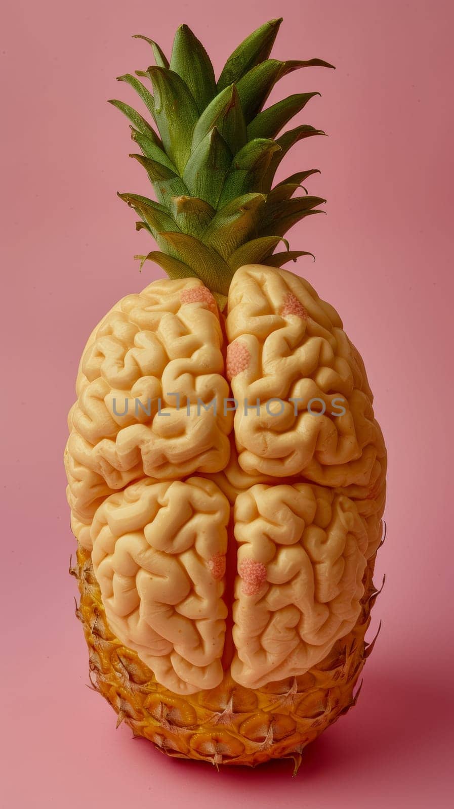 A pineapple with a brain inside of it on pink background, AI by starush