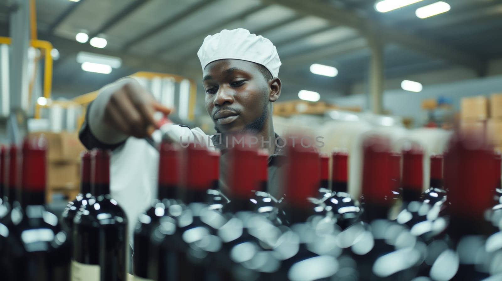 A man in a white hat is working on bottles of wine