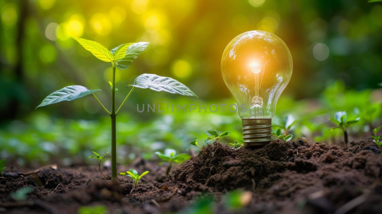 A light bulb is in the ground with a small plant growing out of it, AI by starush