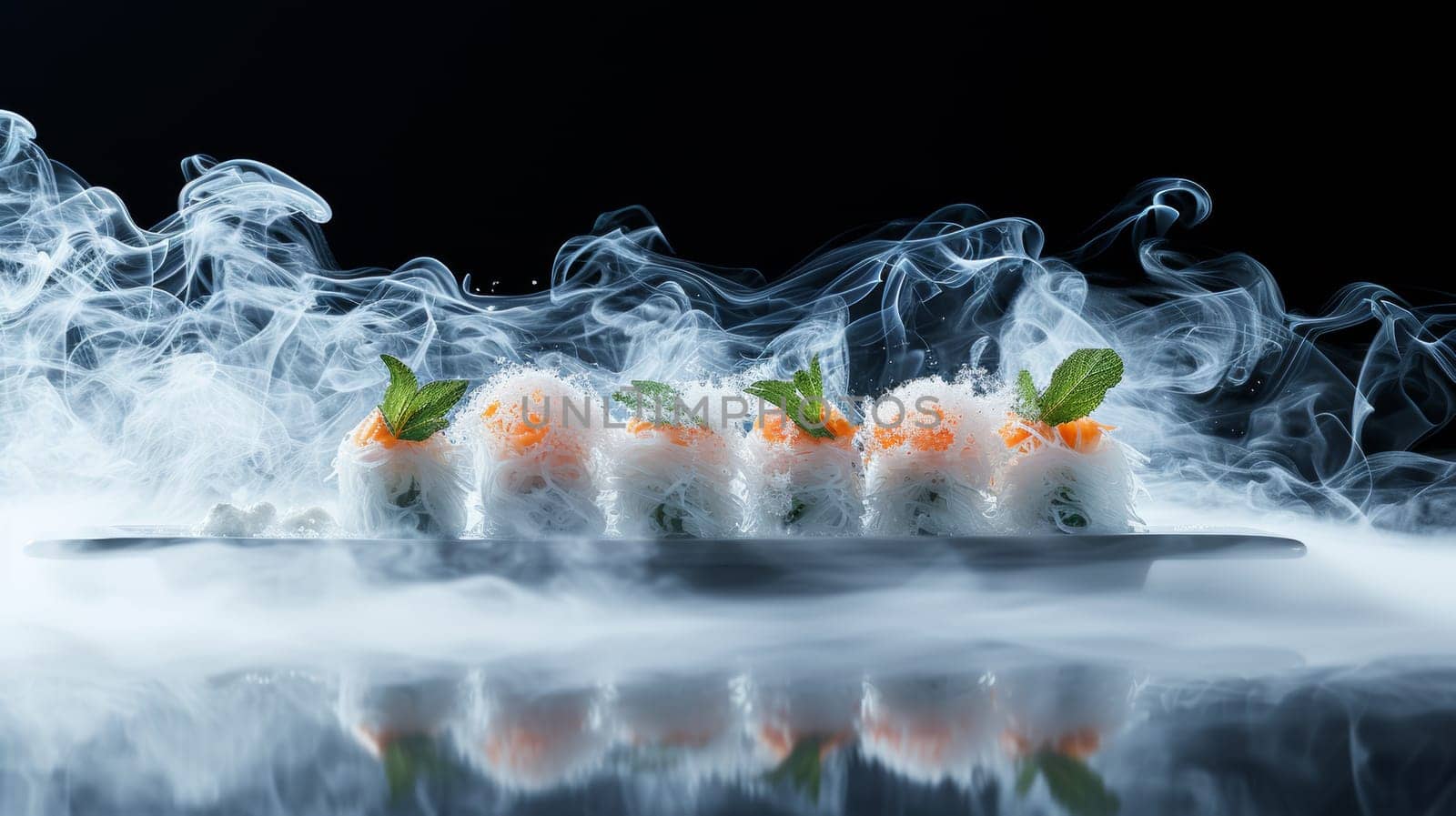 A plate of sushi with carrots and other vegetables in smoke, AI by starush