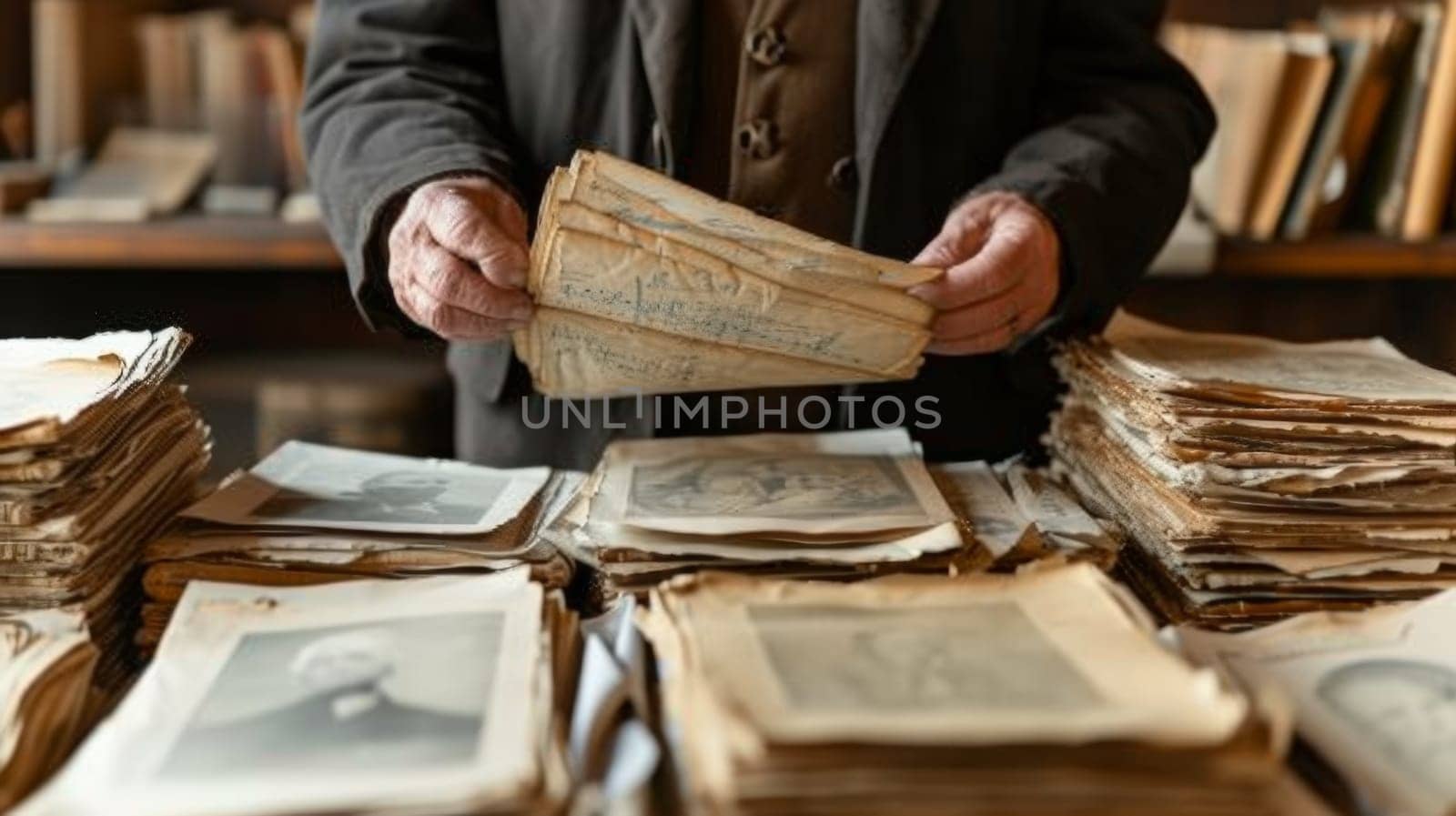 A man is holding a stack of old photographs in his hands