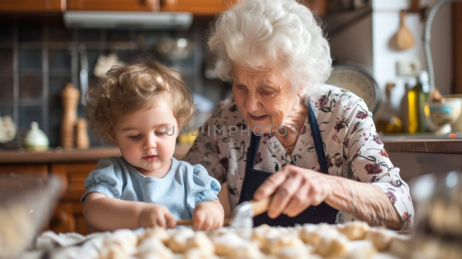 An older woman and a young child are making cookies