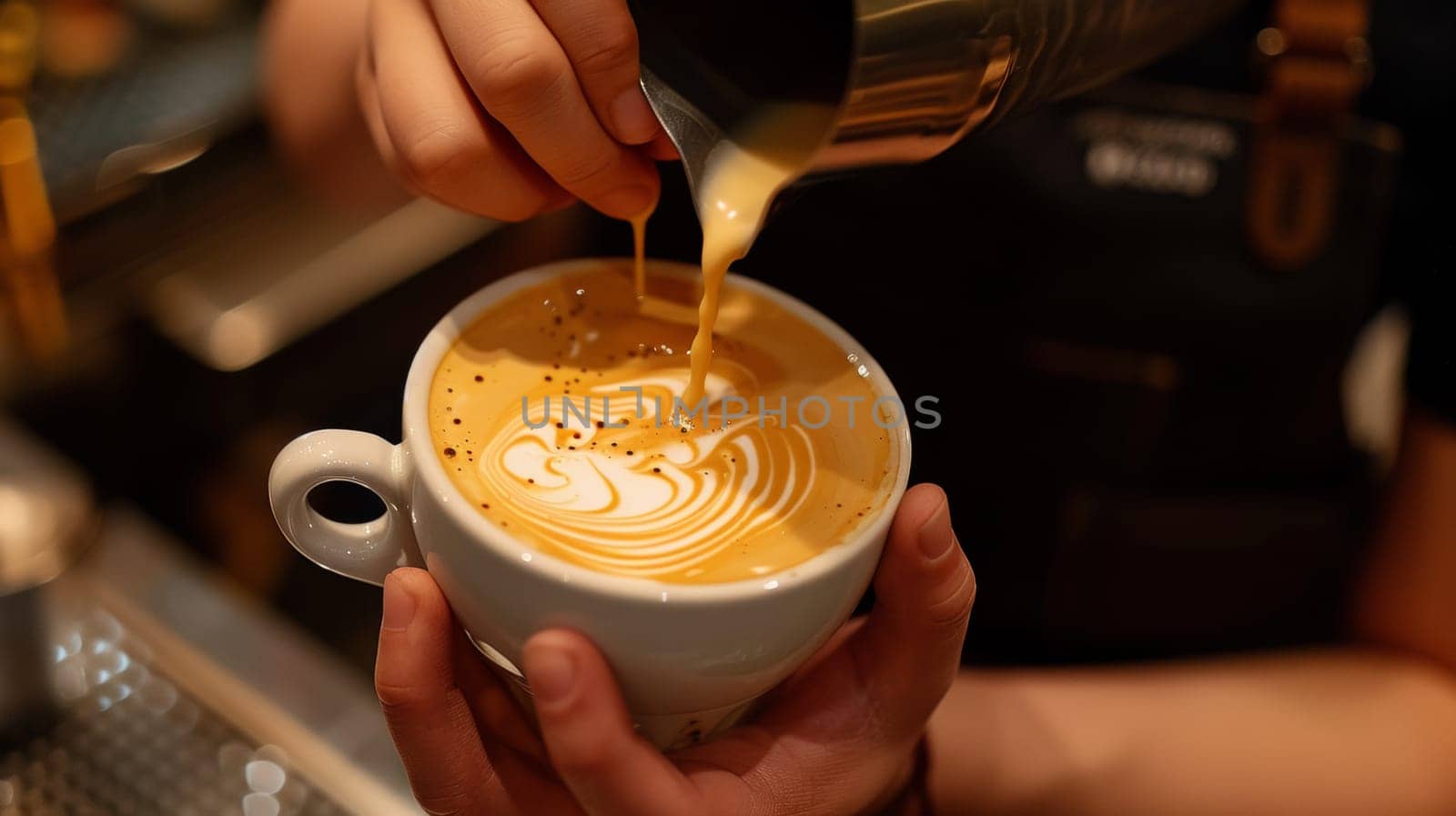 A person pouring coffee into a cup with milk and sugar, AI by starush