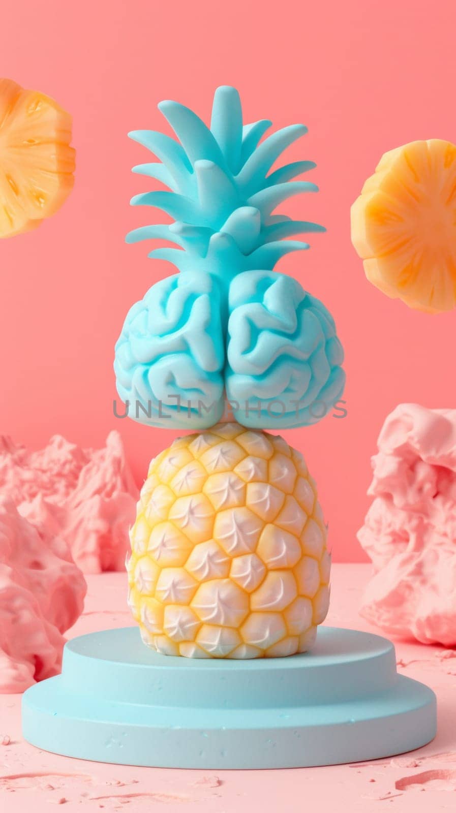 A pineapple with a brain on top of it and some other fruit, AI by starush