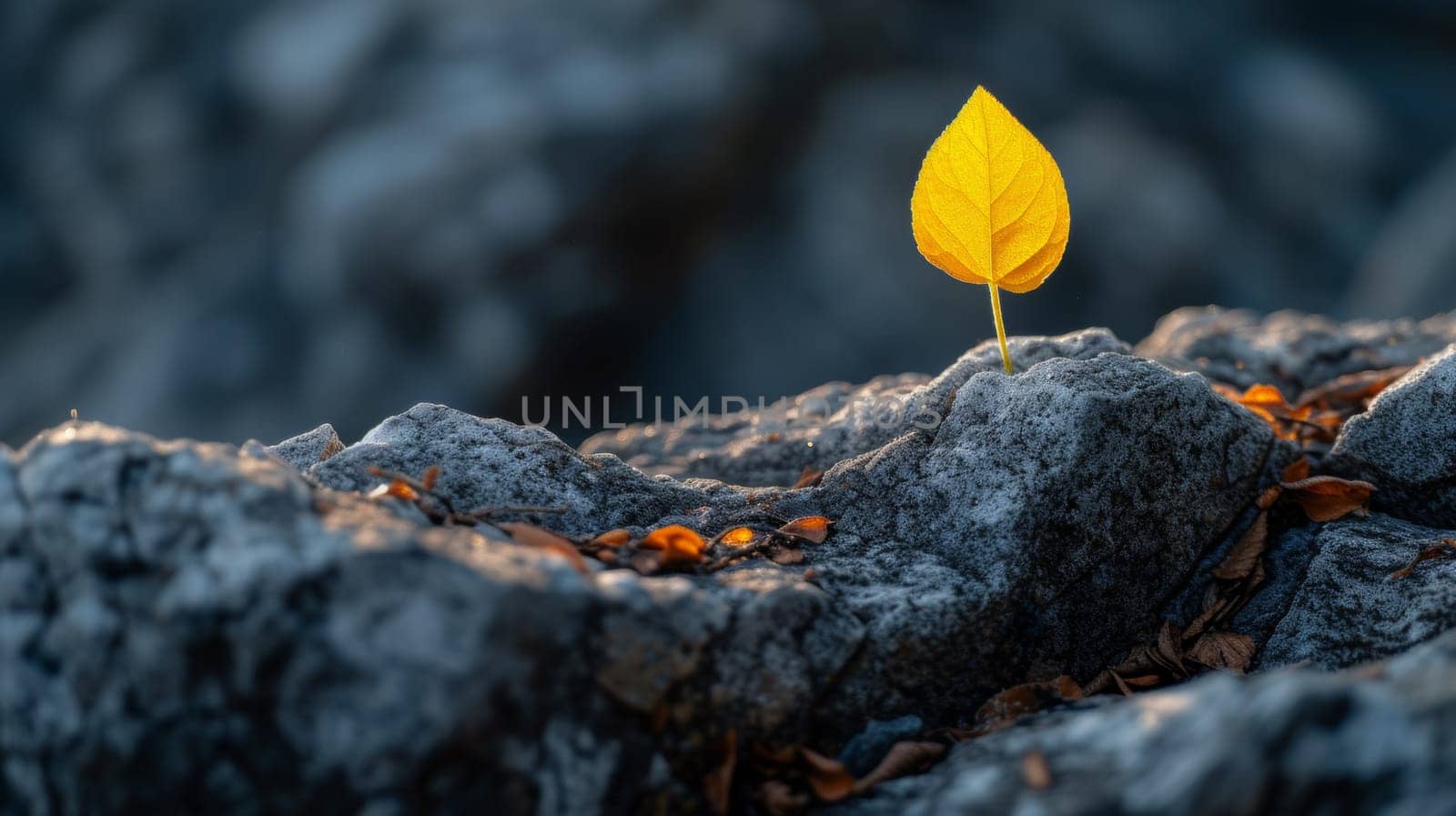 A lone leaf on a rock in the middle of some rocks