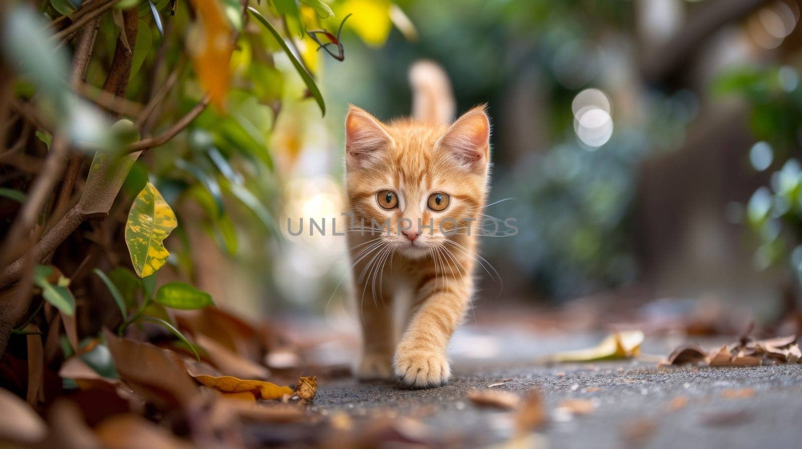 A small orange cat walking on a path in front of leaves, AI by starush