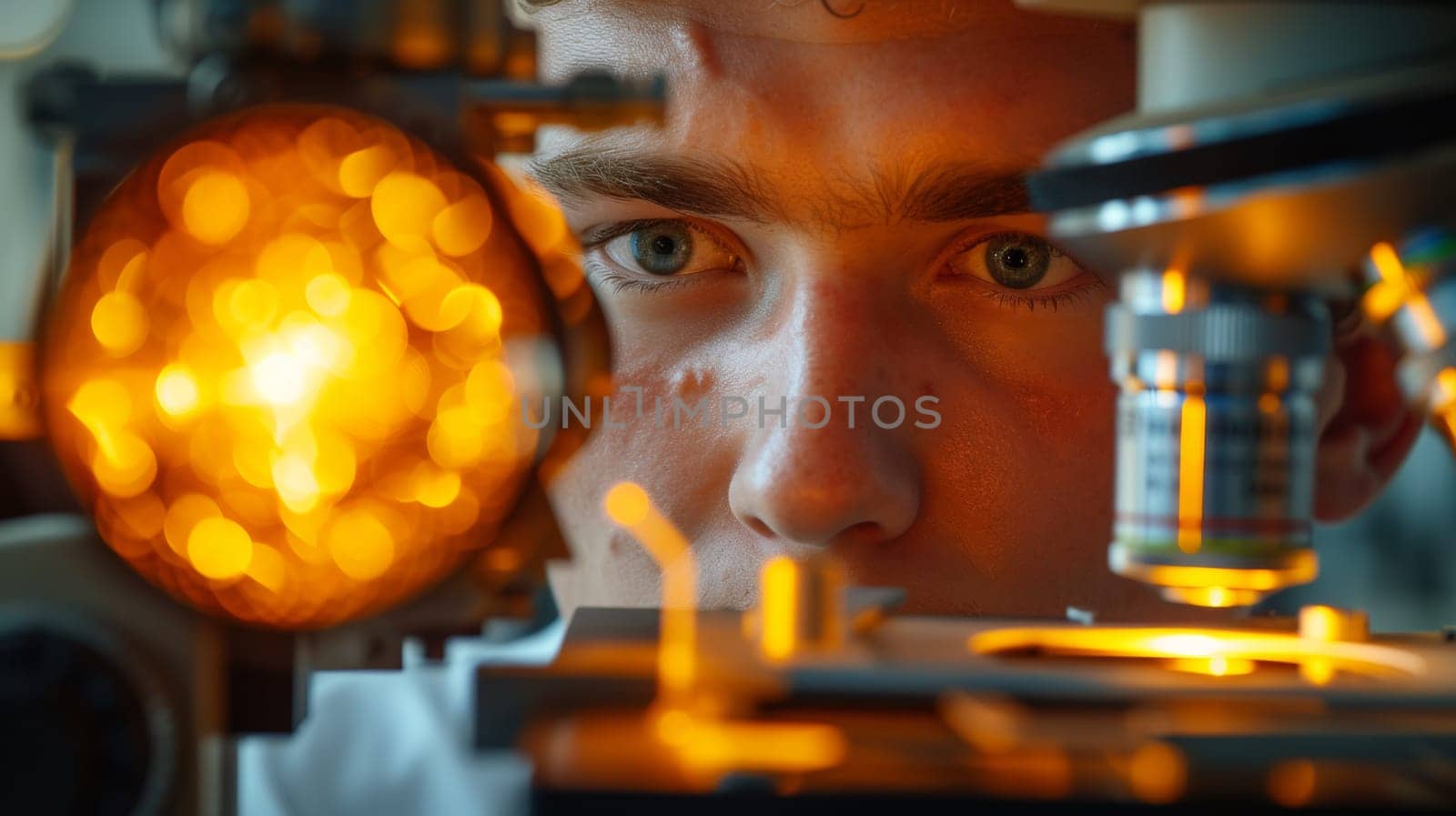 A man looking at a microscope with yellow lights on it, AI by starush