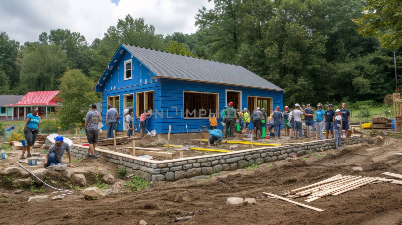 A group of people standing around a blue house that is being built