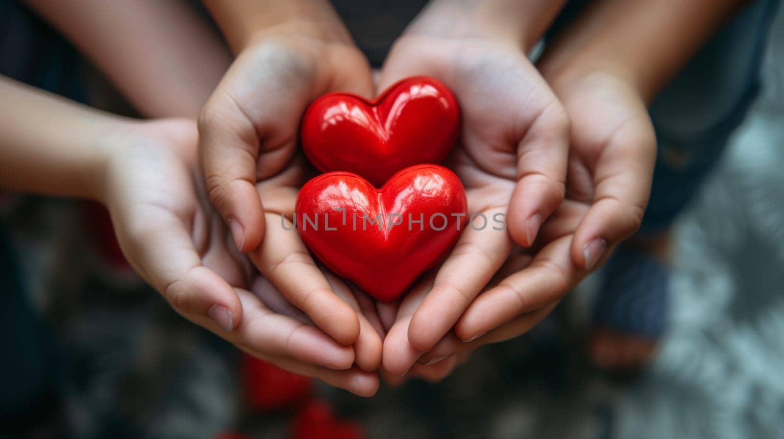 Two red hearts are held in the hands of two people