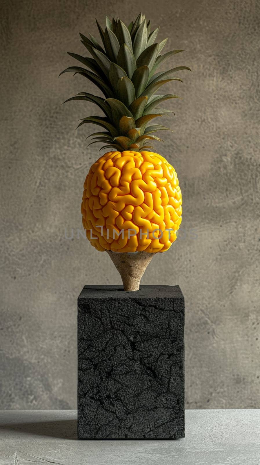 A pineapple with a brain on top of it sitting in the middle, AI by starush