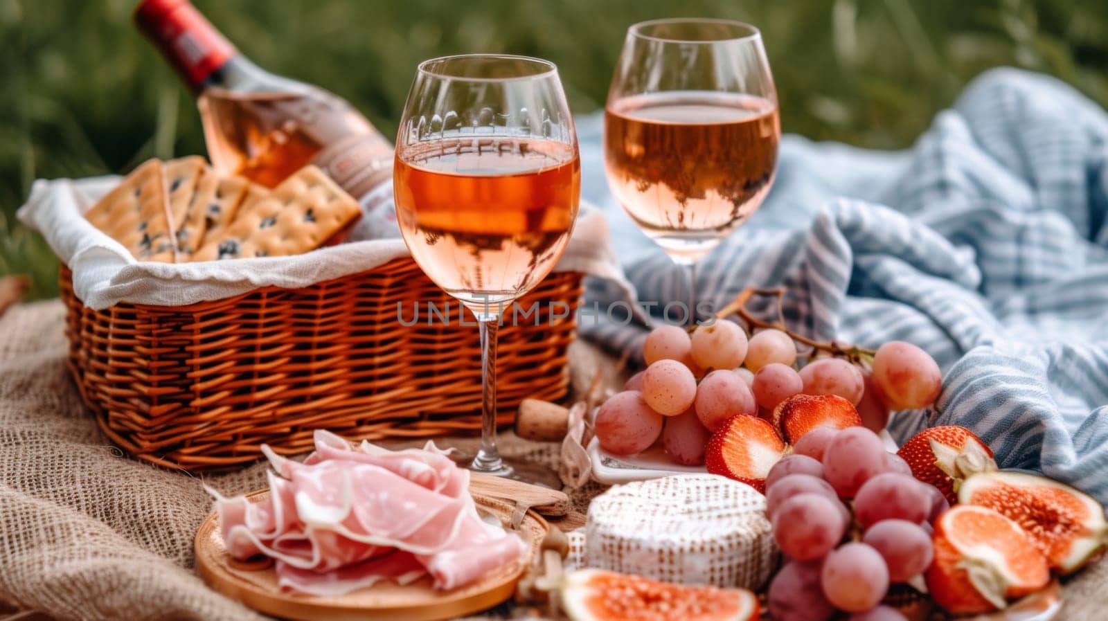A picnic with wine and fruit on a blanket in the park