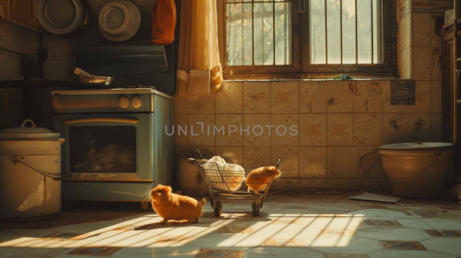 A small animals are in a basket on the floor of an old kitchen, AI by starush