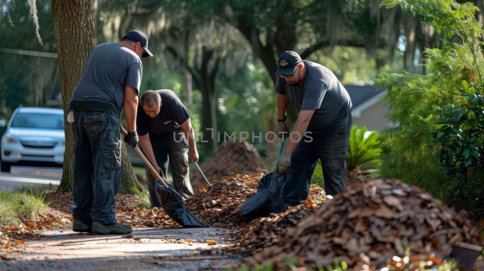 Three men are cleaning up leaves in a driveway, AI by starush