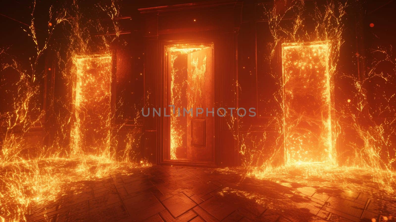 A room with fire and doors that are open