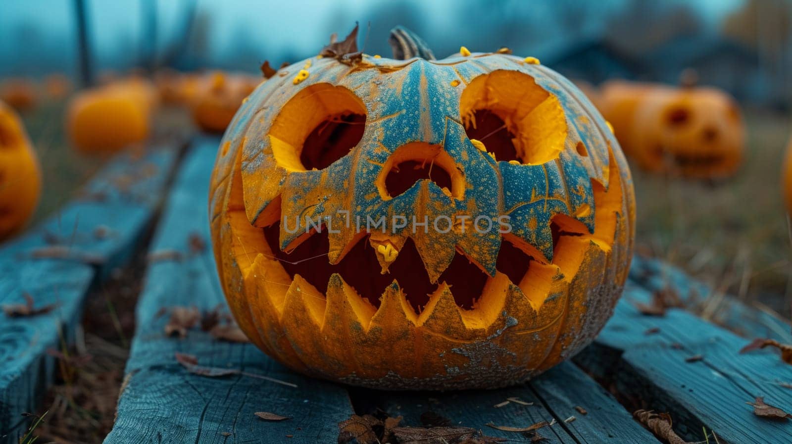 A carved pumpkin sitting on a wooden plank with other pumpkins around it