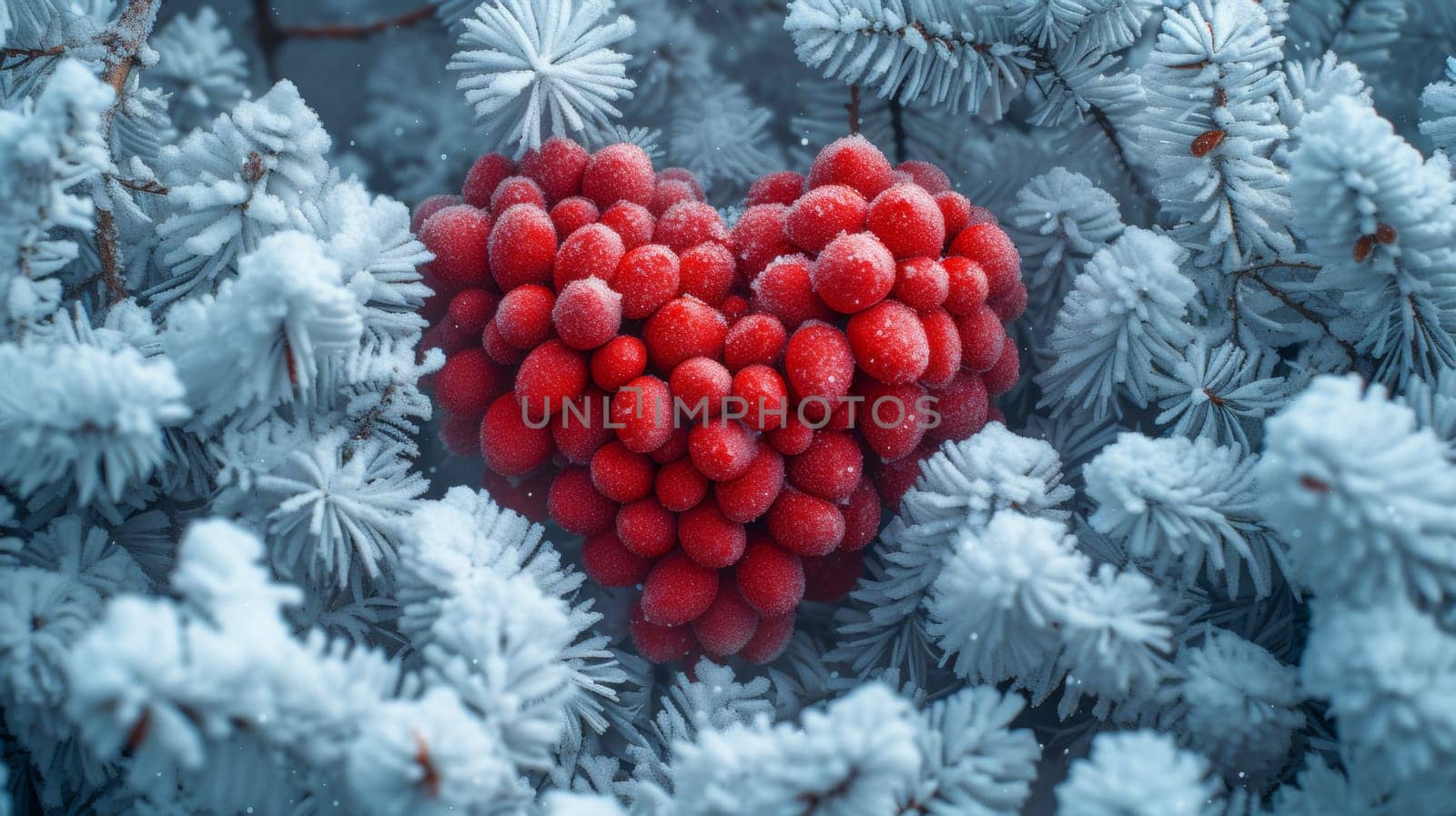 A heart shaped red berries are surrounded by white snow, AI by starush