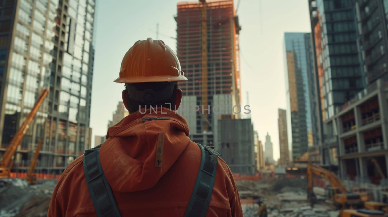 A man in orange hard hat looking at construction site with buildings, AI by starush