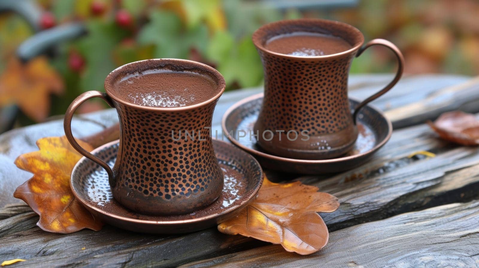 Two cups of hot chocolate sitting on a wooden table