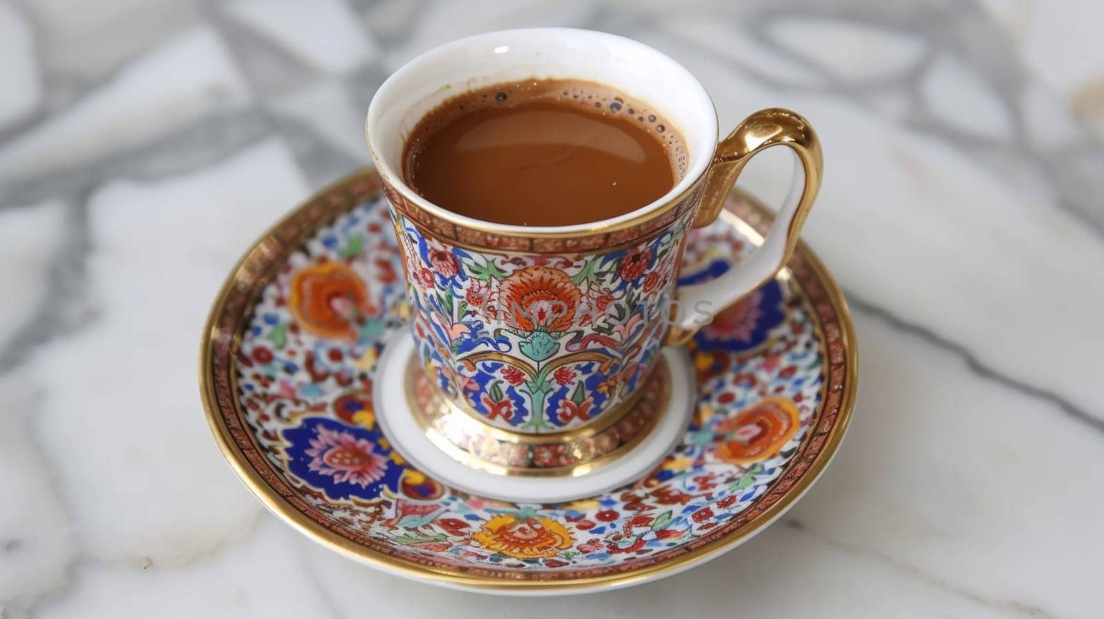 A cup of coffee sitting on a saucer with gold and blue pattern