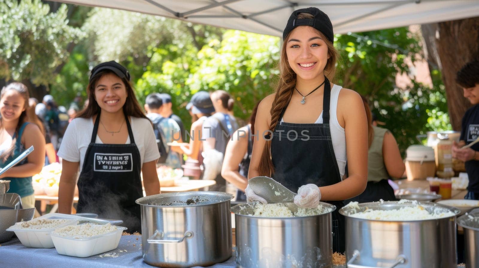 A woman in a black hat and aprons serving food at an outdoor event