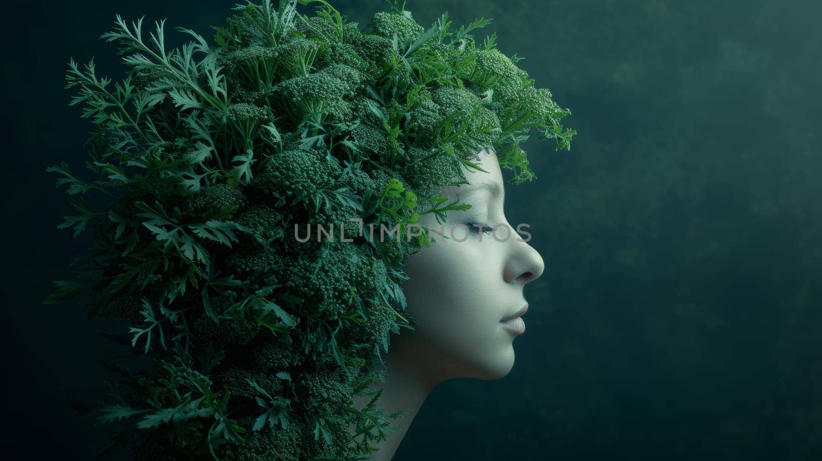 A woman's head covered in green leaves and flowers