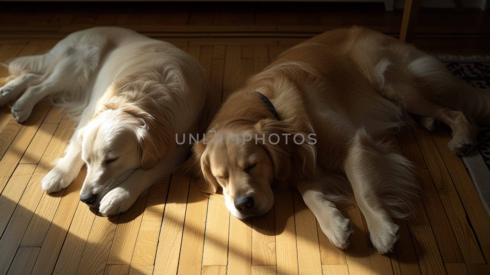 Two dogs sleeping on the floor in a room with sunlight