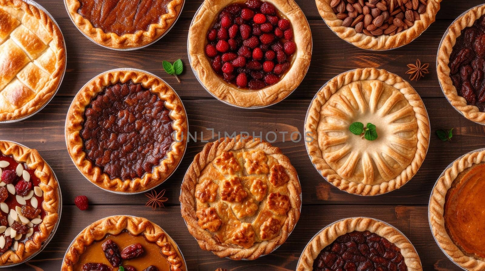 A table with many different pies on it and a bunch of them, AI by starush