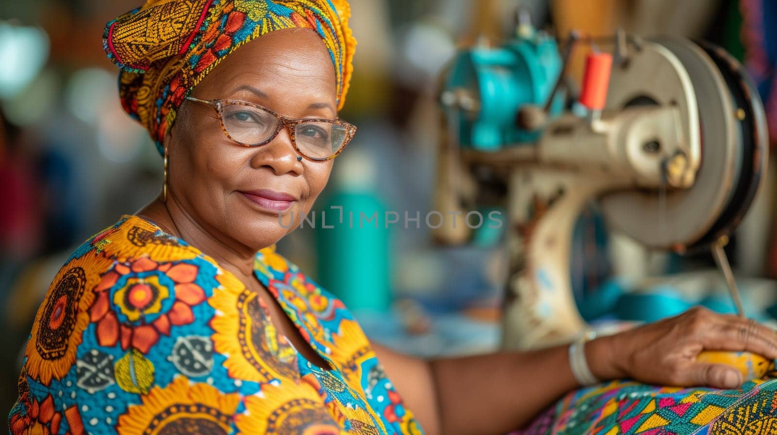 A woman in a colorful dress is sitting at the sewing machine