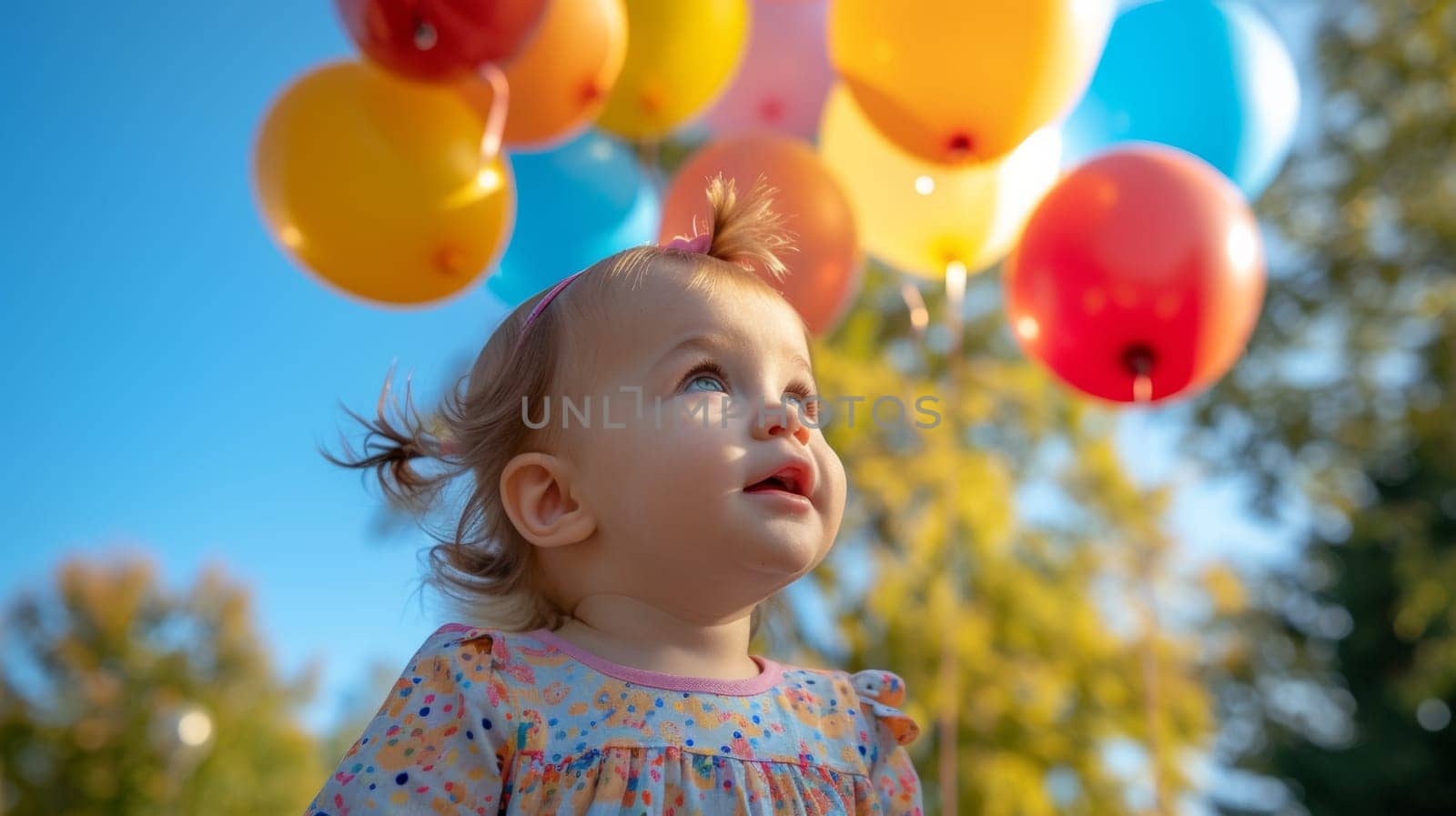 A baby girl with a flower in her hair standing under balloons