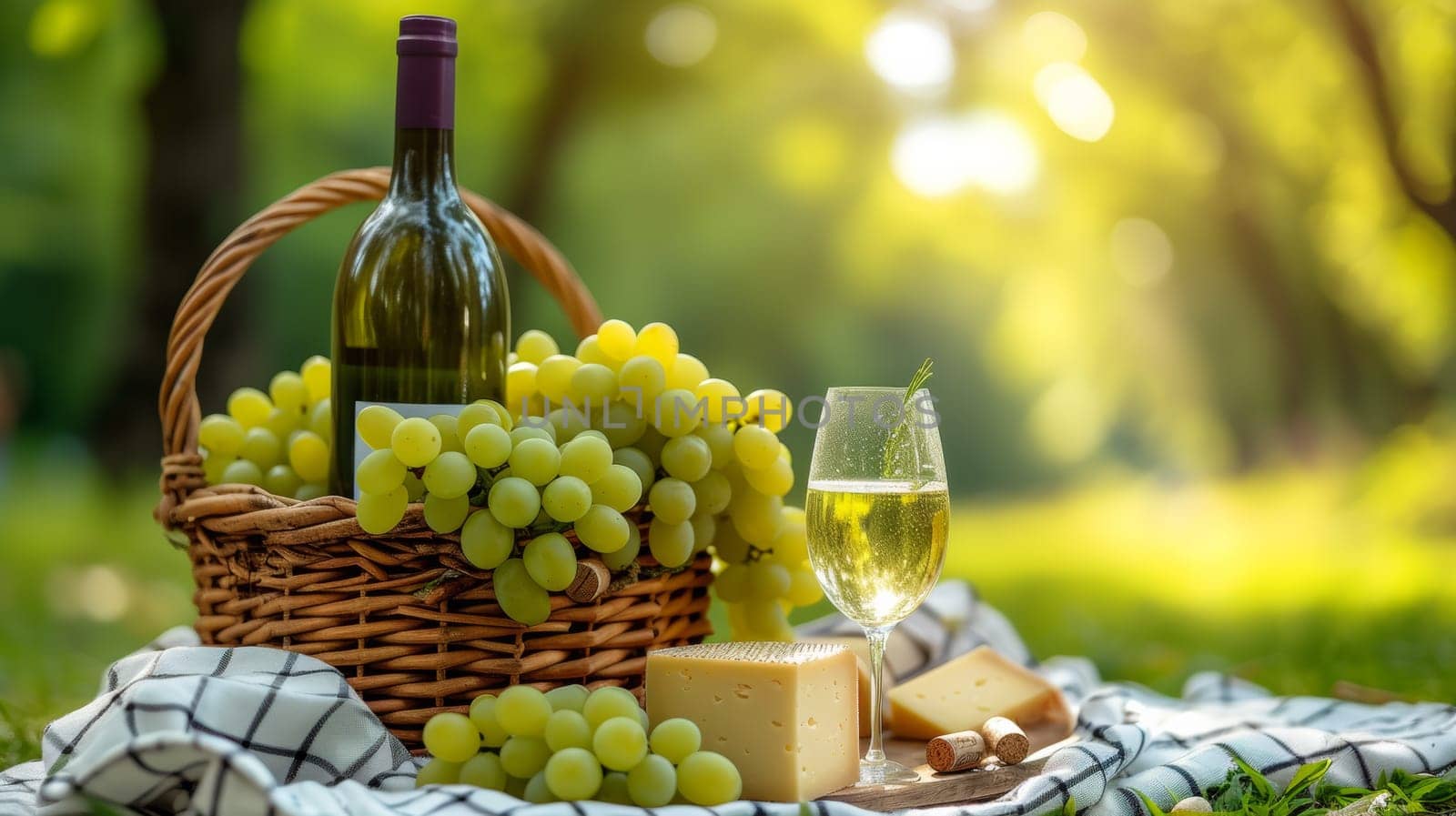 A basket of grapes and cheese on a blanket with wine