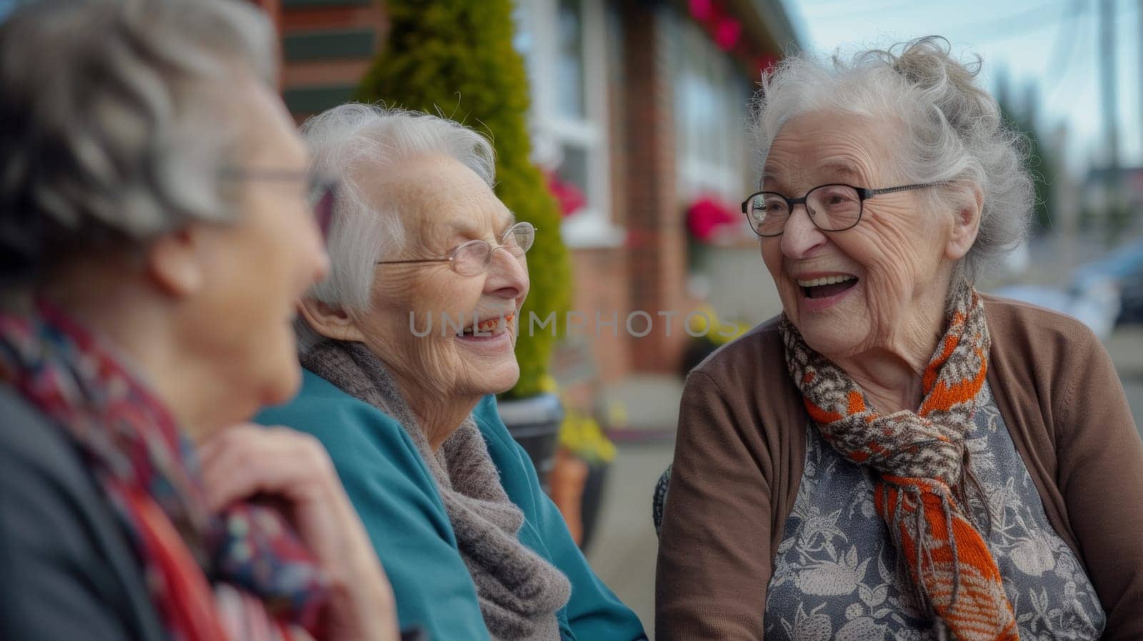 Three older women sitting outside laughing together, AI by starush