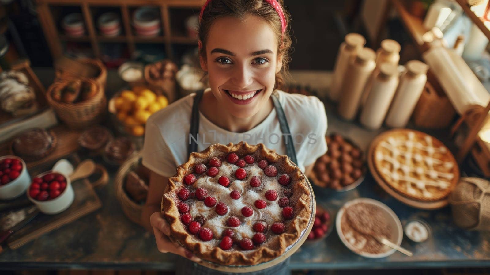 A woman holding a pie with raspberries on top of it, AI by starush