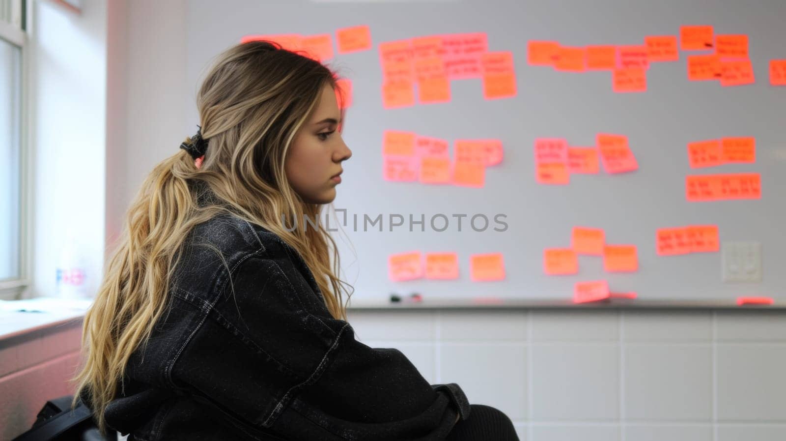 A woman sitting in a chair with post-it notes all over the wall