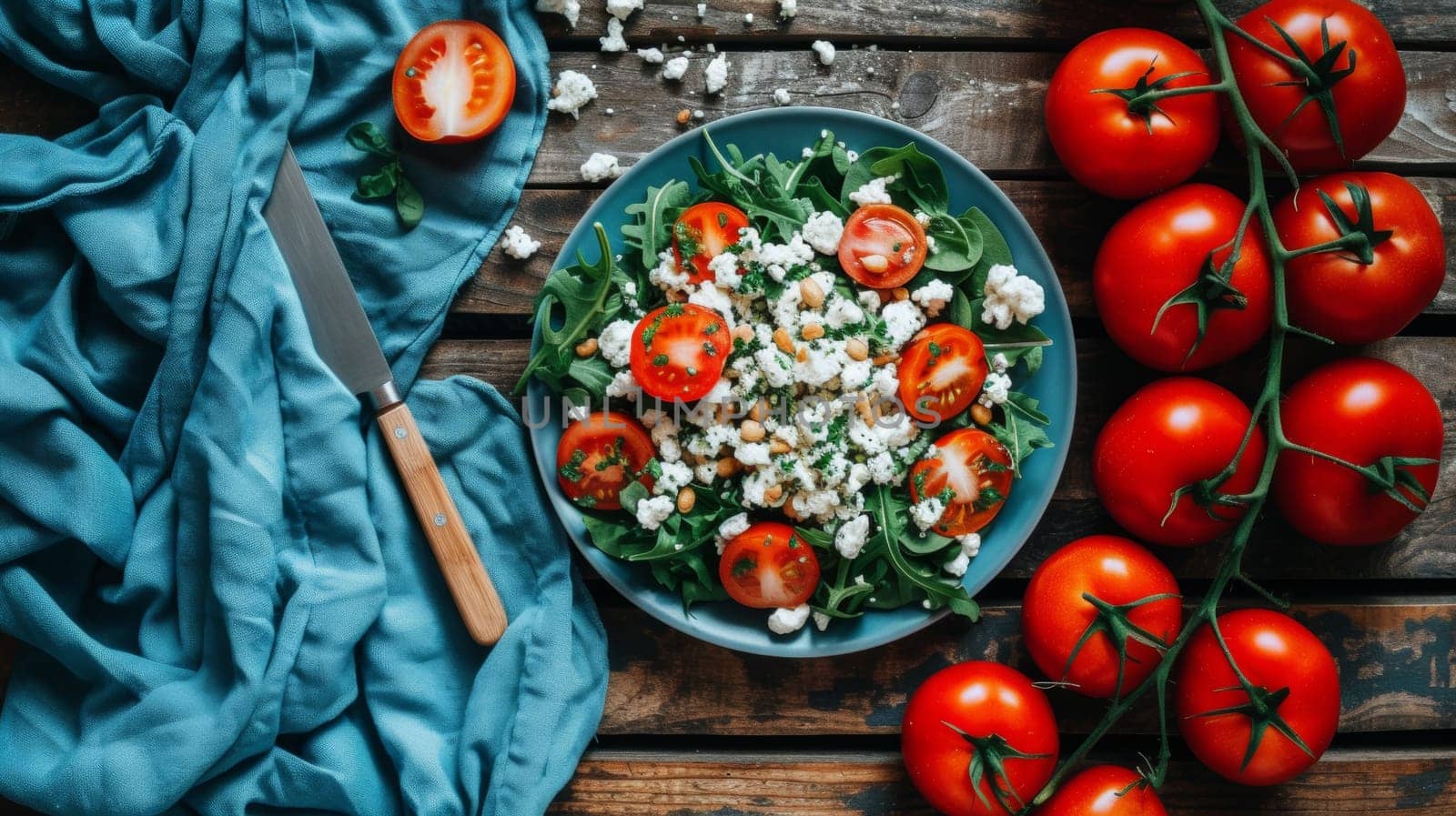 A plate of a salad with tomatoes and cheese on it, AI by starush