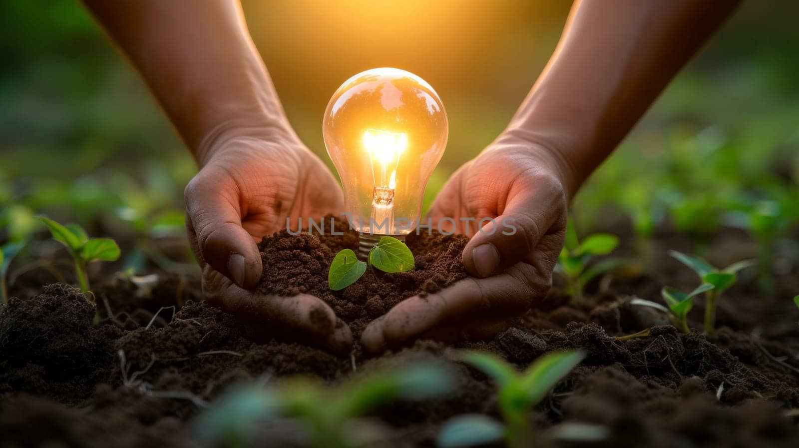 A person holding a light bulb in their hands with dirt on the ground