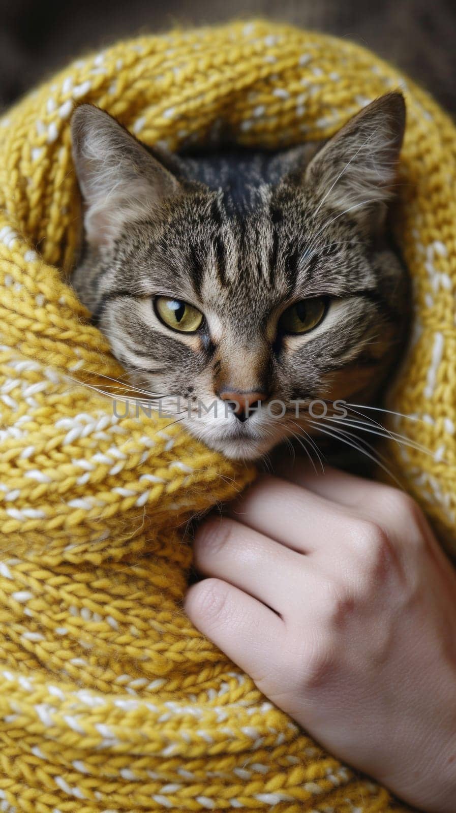 A cat wrapped in a yellow blanket with its head poking out