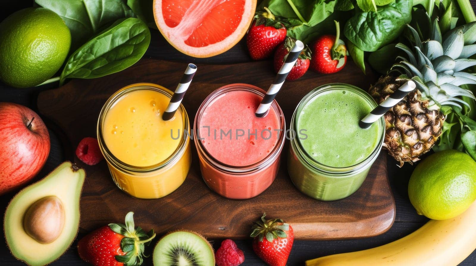 Three smoothies are displayed on a cutting board with fruit