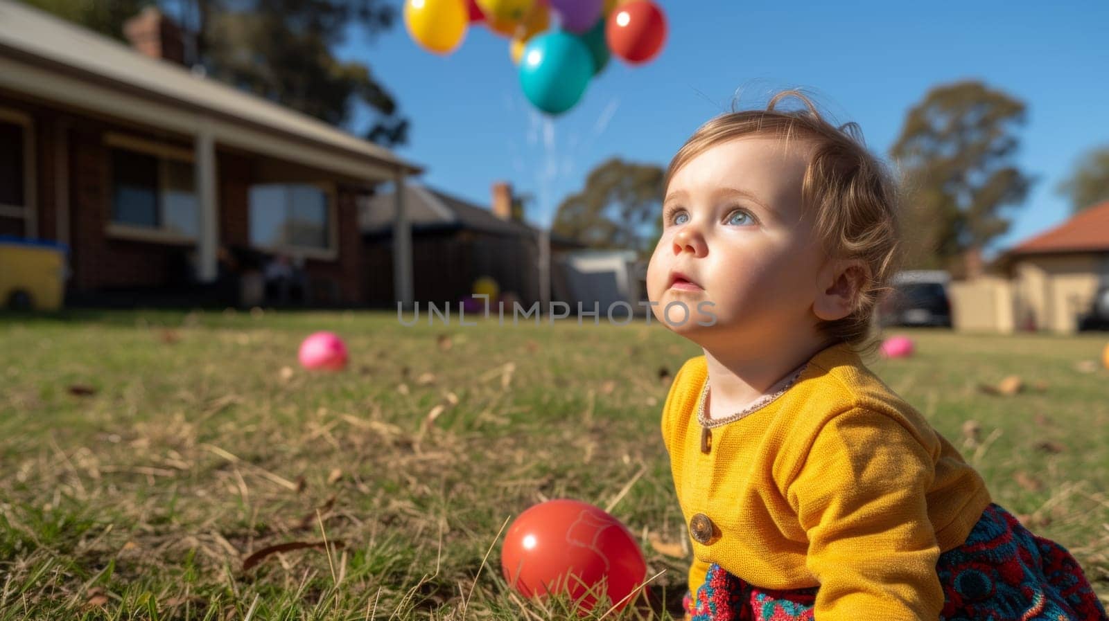 A baby in a yellow dress sitting on the grass with balloons