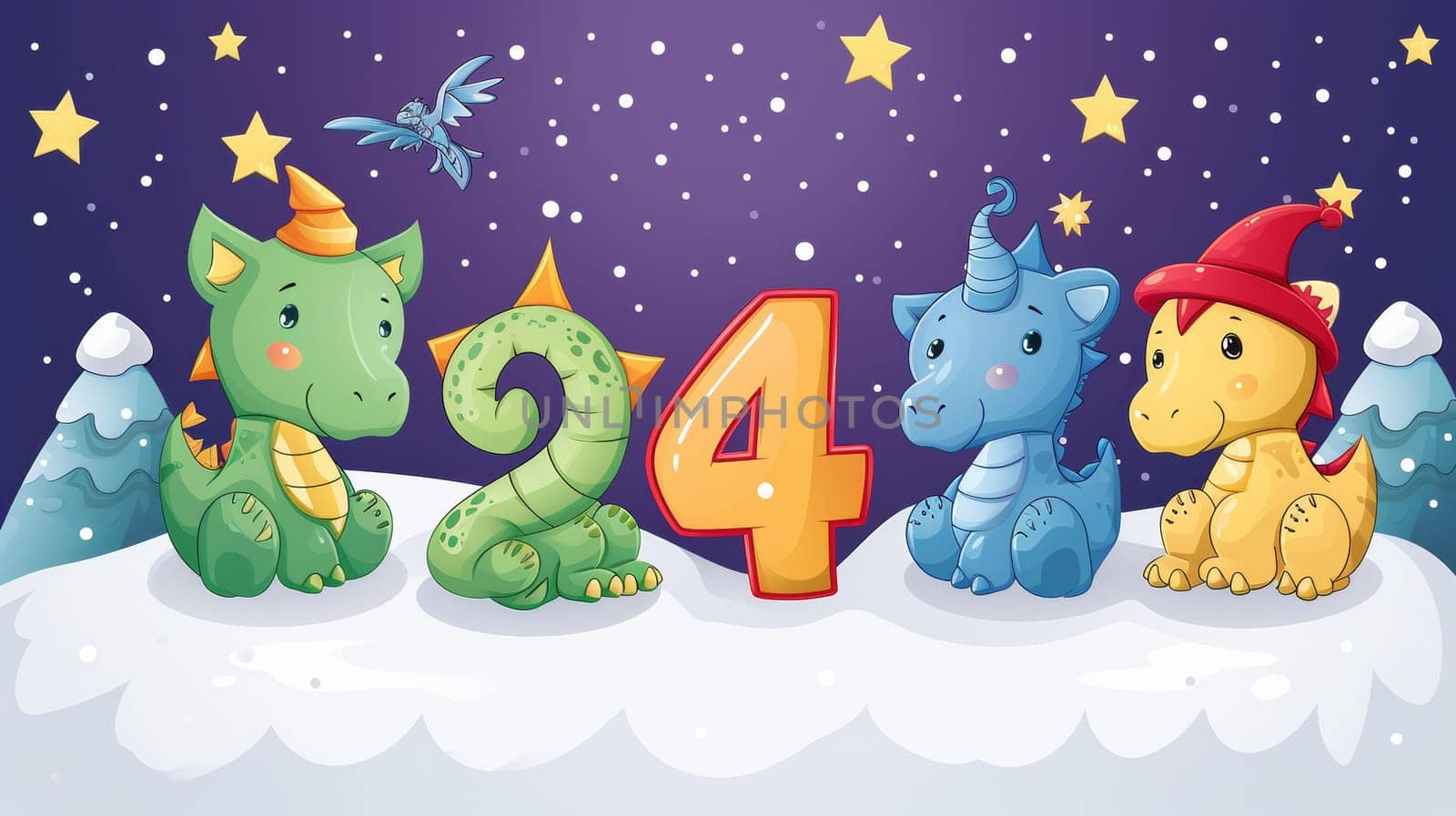 A cartoon dragons are sitting on a snow covered ground, AI by starush