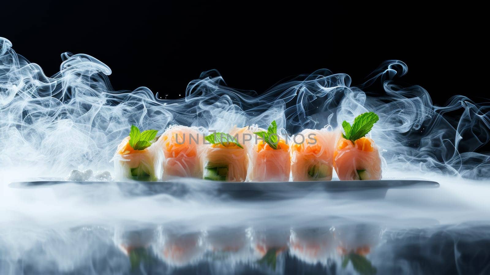 A plate of food with a bunch of smoke coming out, AI by starush