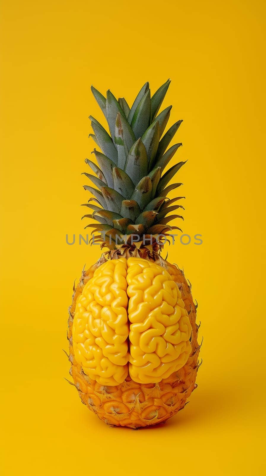 A pineapple with a brain inside of it on yellow background, AI by starush