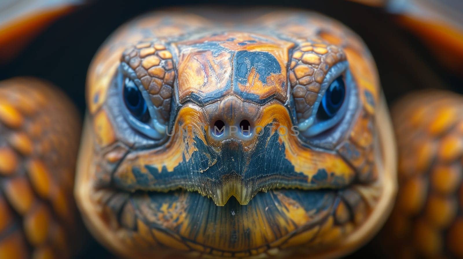 A close up of a turtle's face with blue eyes