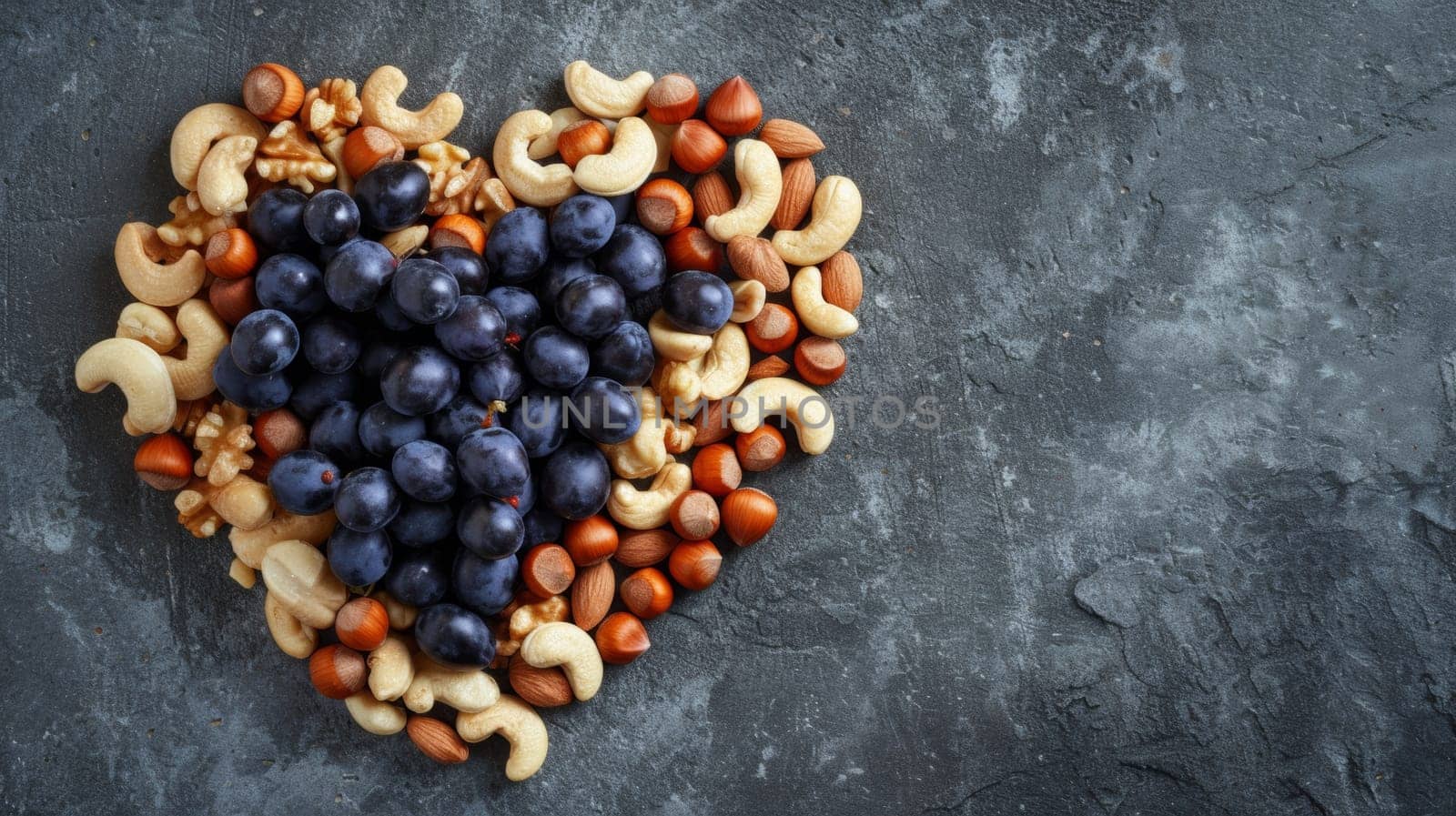 A heart shaped arrangement of nuts and berries on a gray surface