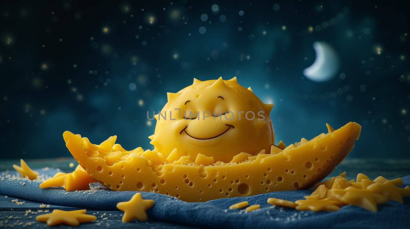 A cheese with a smiley face on it and stars around