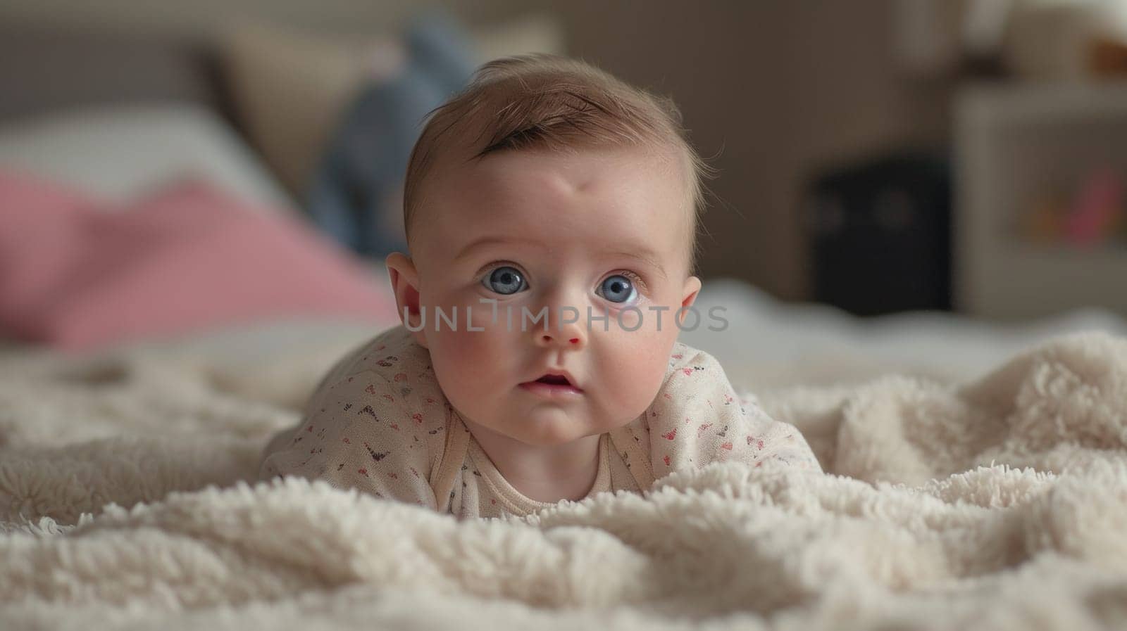 A baby laying on a bed with white sheets and pillows