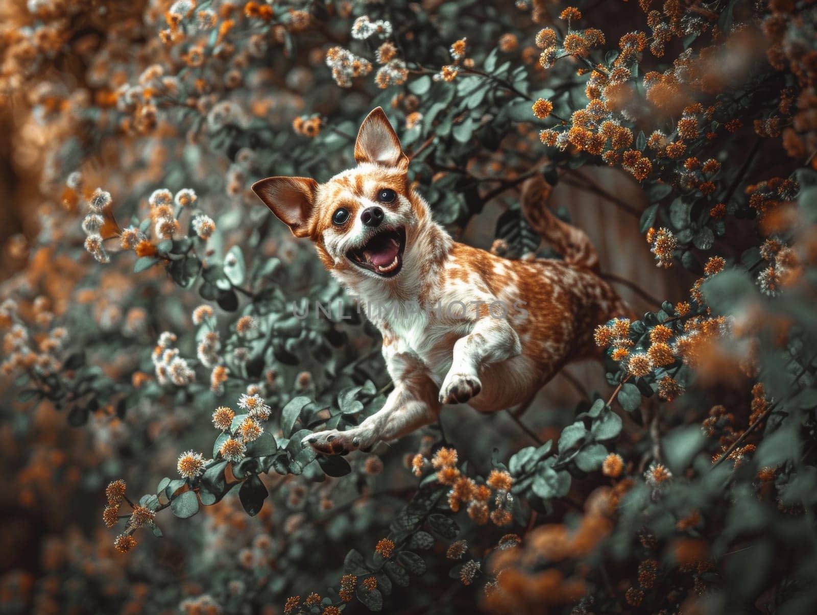A dog jumping through a bunch of flowers and leaves
